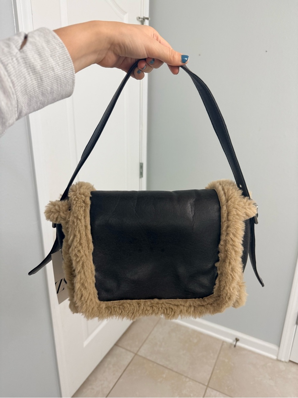 Zara Black Shoulder Bag with Tan Faux Fur Trim